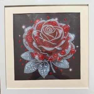 Framed Red and Silver Rose Art, size 12” * 12”